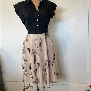 RETRO Stage  Black Blouse with Lace Skirt Embroidered Butterfly  DRESS size L”